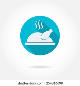 Cooked chicken or roasted turkey ready for Thanksgiving. Vector icon or sign.