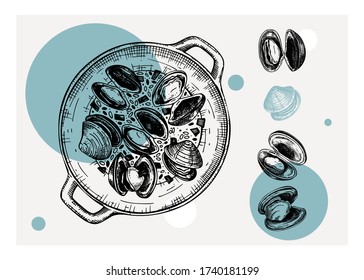 Cooked clams with herbs on plate illustration. Shellfish and seafood restaurant design element. Hand drawn clams sketch isolated on vintage background. For menu, recipes, logos, flyer, invitation.