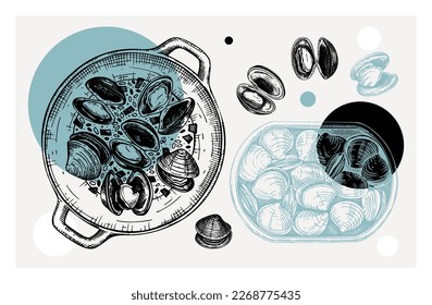 Cooked clams with herbs on plate illustration in collage style. Shellfish and seafood restaurant design element. Hand drawn canned clams in tin can sketch isolated on vintage background