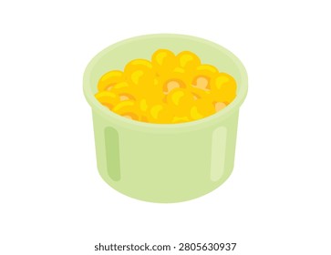 Cooked corn kernels snack in plastic bowl. Simple flat illustration.