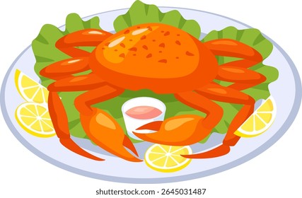 Cooked crab resting on a bed of fresh lettuce, accompanied by vibrant lemon slices and a flavorful sauce on a white plate, creating an inviting seafood dining experience