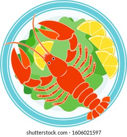 Cooked crayfish, green salad and lemon on a plate