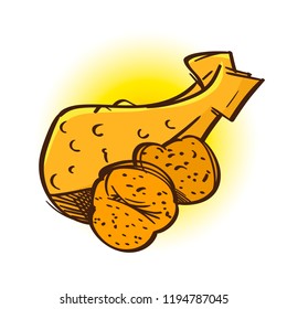 Cooked dish. Chicken leg baked with potatoes. Fast food.