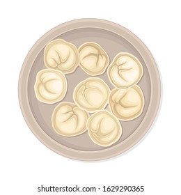 Cooked Dumplings Served on Ceramic Plate Top View Vector Illustration