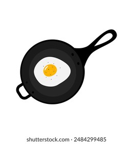Huevo cocido con vendida y pimienta en sartén frita en estilo minimalista de dibujos animados. Diseño de tarjeta culinaria