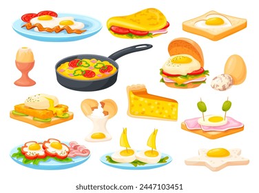 Cooked eggs dishes. Boiled fried egg cooking different food, scrambled omelette on plate breakfast tasty dish toast cheese ham lunch delicious meal type, neat vector illustration