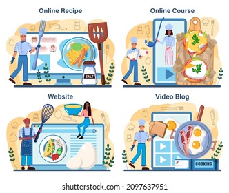 Cooked eggs online service or platform set. Scrambled, fried, omelette and eggs benedict with vegetables and bacon for breakfast. Online recipe, course, video blog, website. Flat vector illustration