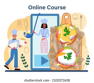 Cooked Eggs Online Service Or Platform. Scrambled, Fried, Omelette And Eggs Benedict With Vegetables And Bacon For Breakfast. Online Course. Flat Vector Illustration