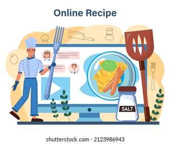 Cooked Eggs Online Service Or Platform. Scrambled, Fried, Omelette And Eggs Benedict With Vegetables And Bacon For Breakfast. Online Recipe. Flat Vector Illustration