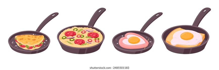 Cooked eggs in pan. Fried, scrambled and stuffed eggs, chicken eggs tasty breakfast dishes flat vector illustration set. Cartoon fried eggs