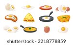 Cooked eggs. Raw boiled fried stuffed baked meal scrambled omelette poached, cartoon organic farm food healthy breakfast. Vector collection. Egg ingredient for homemade snack, culinary