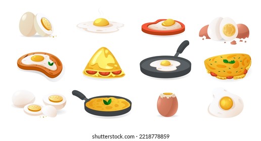 Cooked eggs. Raw boiled fried stuffed baked meal scrambled omelette poached, cartoon organic farm food healthy breakfast. Vector collection. Egg ingredient for homemade snack, culinary