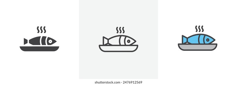 Cooked Fish flat thin line icon collection.