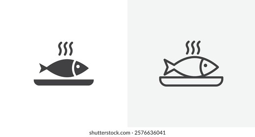 Cooked Fish icon set in black flat solid and outlined style.