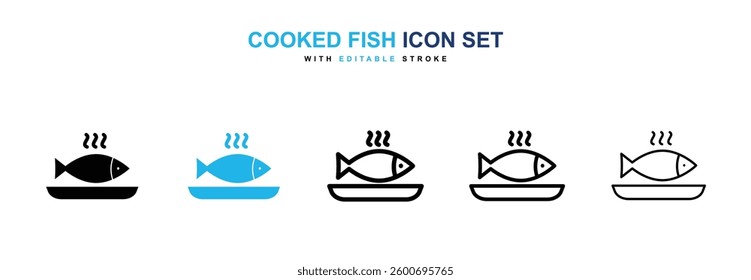 Cooked Fish icons graphics set in black and blue colors