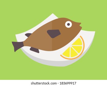 Cooked fish with lemon. Flat design vector.