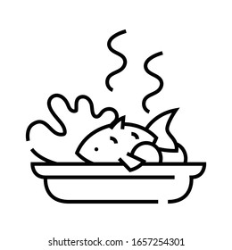 Icono de línea de pescado cocido, signo de concepto, ilustración de vector de contorno, símbolo lineal.