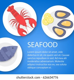 Cooked fish, lobster and mussels on plate. Seafood on blue background with text