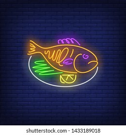 Cooked fish on dish neon sign. Restaurant, dinner, food design. Night bright neon sign, colorful billboard, light banner. Vector illustration in neon style.