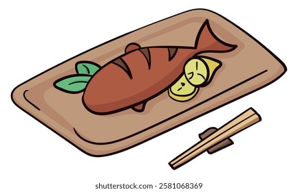Cooked fish on a plate colored doodle vector illustration. Isolated on white background