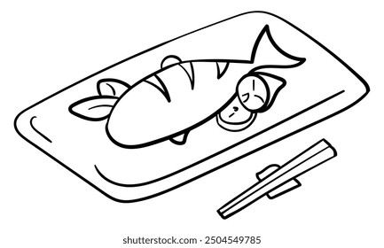 Cooked fish on a plate hand drawn outline vector illustration. Isolated on white background
