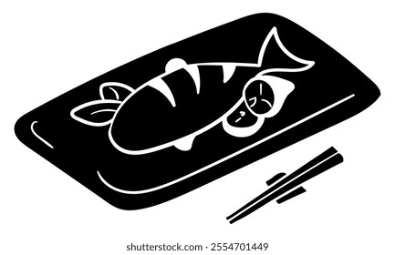 Cooked fish on a plate silhouette vector illustration. Isolated on white background