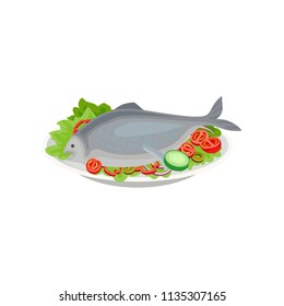 Cooked fish with raw vegetables. Healthy nutrition. Delicious dish for dinner. Seafood theme. Flat vector for menu or recipe book