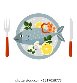 Cooked Fish and Raw Vegetables on a Plate