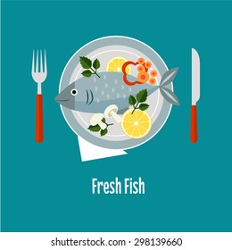 Cooked fish and raw vegetables on a plate vector