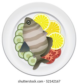 cooked fish and raw vegetables on a plate