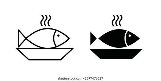 Cooked Fish vector icon set black filled and outlined style.