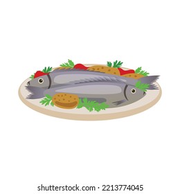 Cooked fish with vegetables on plate flat vector illustration