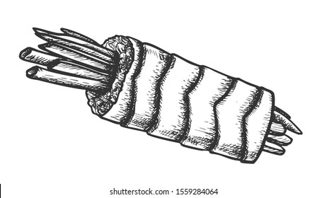 Cooked Fish And Vegetables Roll Monochrome Vector. Delicious Oriental Snack From Fish, Carrot And Paprika. Engraving Concept Template Hand Drawn In Vintage Style Black And White Illustration