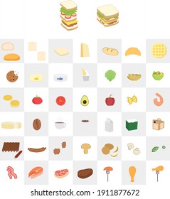 Cooked food and ingredients, colorful icon files.