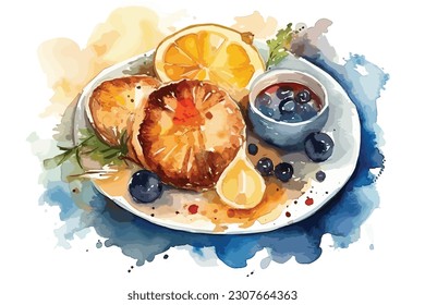 Comida cocida en pintura acuarela de Plate Azul Resumen de fondo blanco.