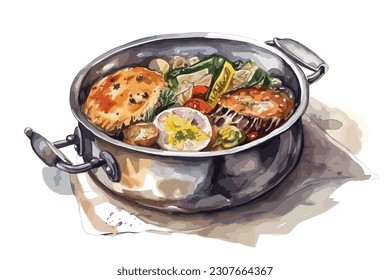 Cooked Food on Blue Plate watercolor painting Abstract white background.