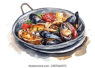 Cooked Food on Blue Plate watercolor painting Abstract white background.