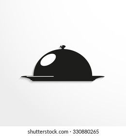 Cooked food on the plate under the hood. Vector icon.