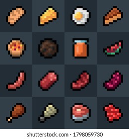 Cooked food pixel art icons set. Isolated vector illustration of mobile game sprites. Design for stickers, logo, mobile app. Game assets 8-bit sprite sheet.
