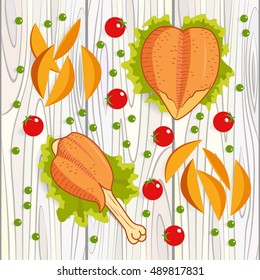 cooked fresh chicken pieces. Vector illustration cartoon flat icon isolated on white.Vector. Chicken barbecue set. The drumstick, the breast, skin, lettuce, tomatoes, green peas, potato wedges.