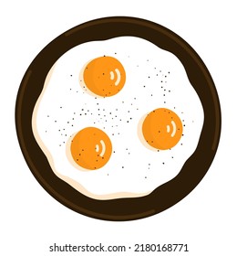 Cooked fried eggs in a frying pan. Nutritious omelet. Tasty breakfast. Hot pan. Healthy food. Protein chicken product. Flat vector illustration isolated on white background