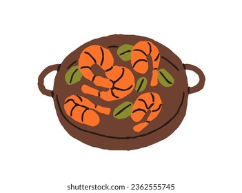 Cooked fried shrimps with green leaf basil, seafood dish. Sea food, fresh boiled prawns with leaves on plate. Tasty gourmet appetizer, starter. Flat vector illustration isolated on white background