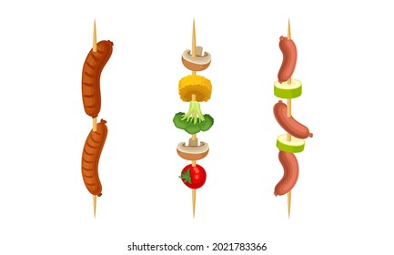 Cooked Grilled Sausages and Vegetables on Skewers or Wooden Sticks Vector Set