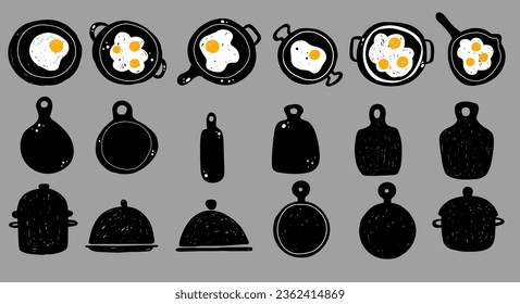 Cooked hand drawn doodle sketch egg yolk friend on frying pans set collection for recipes, flyer. Cutting board silhouettes.