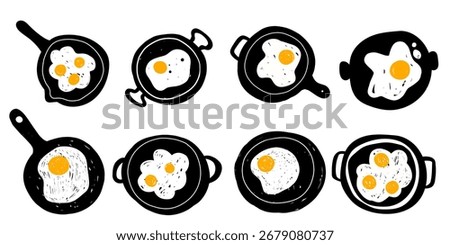 Cooked hand drawn doodle sketch egg yolk friend on frying pans set collection for recipes, flyer. Cutting board silhouettes