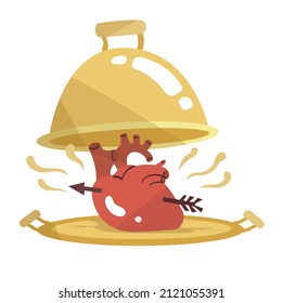 A cooked heart pierced by an arrow lies on a platter under a lid. Vector illustration. Valentine's Day. All lovers day. Holiday celebration. Poster, print, card decoration. 