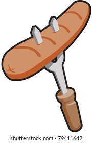 A cooked hot dog on a fork.