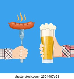 Salchicha frita caliente cocida en tenedor y cerveza de vidrio lager en mano del hombre. Tarjeta de invitación en la barbacoa. Cartel de la fiesta de barbacoa. Ilustración vectorial en estilo plano. Ilustración vectorial en estilo plano