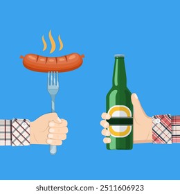 Salchicha frita caliente cocida en tenedor y botella de cerveza en mano del hombre. Tarjeta de invitación en la barbacoa. Cartel de la fiesta de barbacoa. Ilustración vectorial en estilo plano. Ilustración vectorial en estilo plano