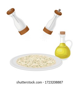 Cooked Hot Rice Dressing with Salt and Pepper Vector Illustration